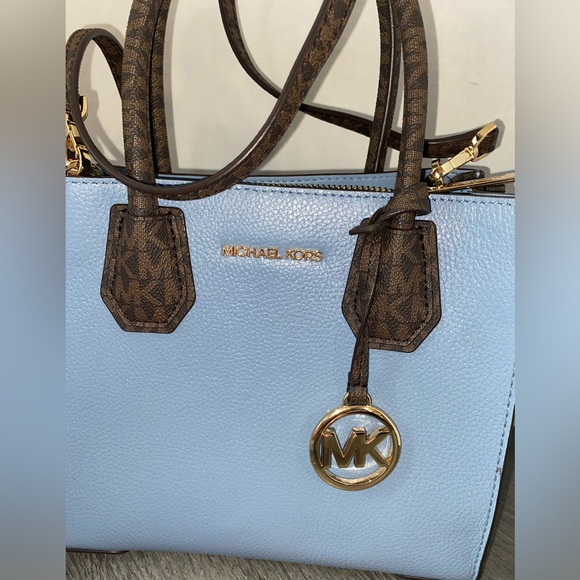 MICHAEL KORS MERCER MEDIUM MESSENGER CROSSBODY BAG CHAMBRAY & BROWN SIGNATURE - Picture 3 of 15